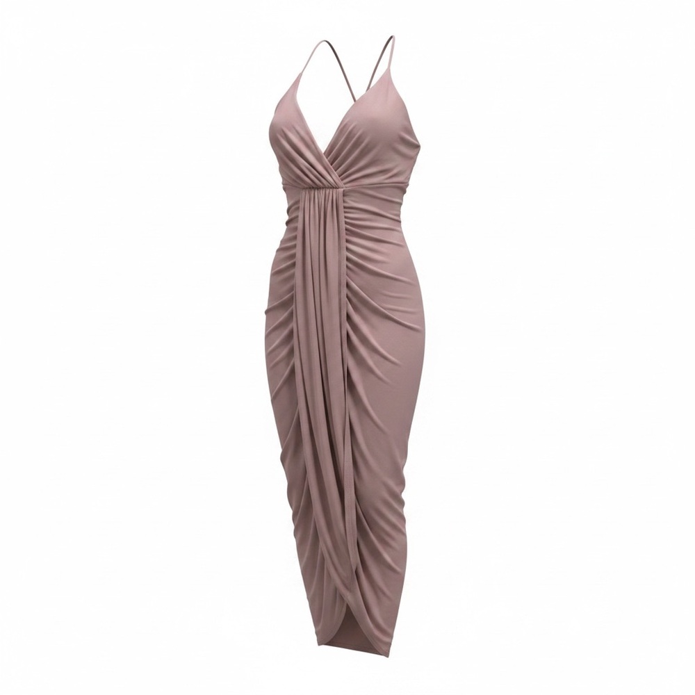 Fashion Nova Midi Ruched Wrap Dress with Spaghetti Straps - Mauve